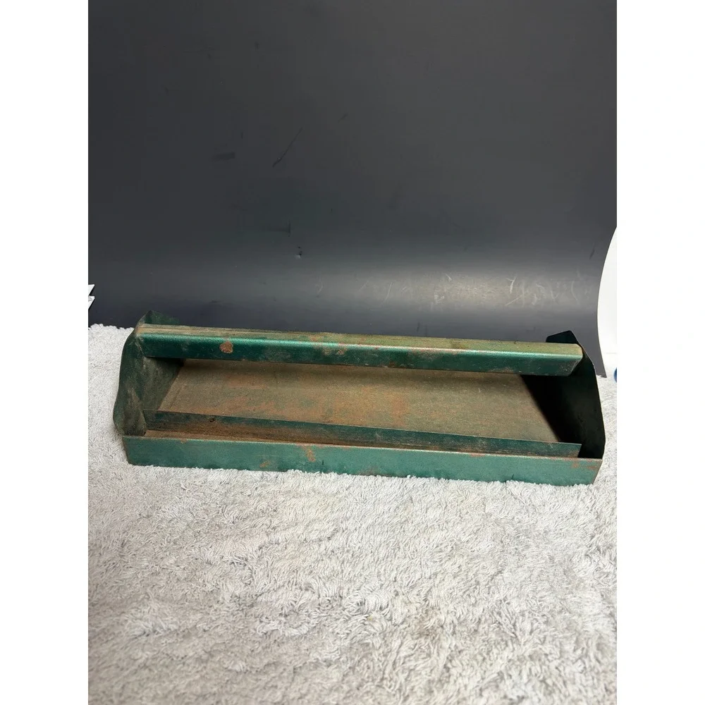 Vintage Green Metal Tool Caddy Industrial Rustic Tote Tray Open Top Organizer